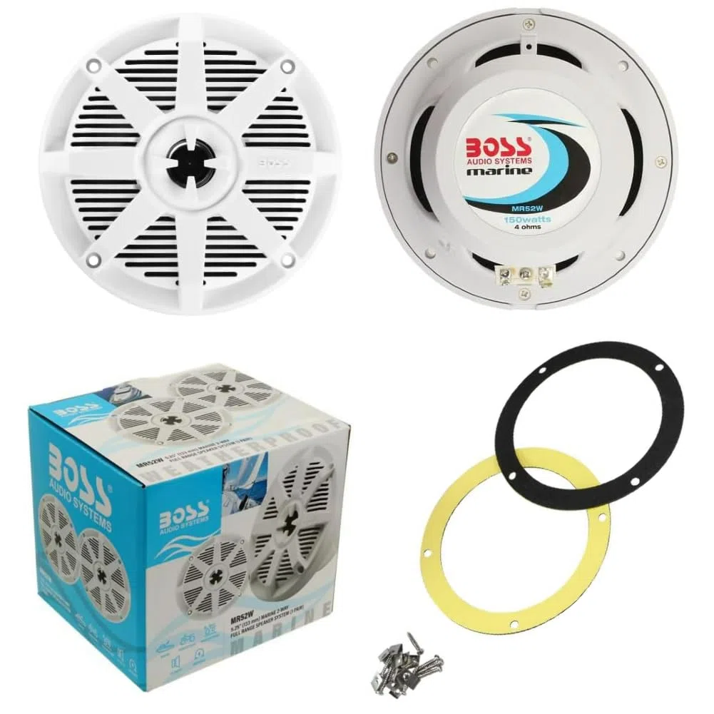 KIT SET PER BOSS AUDIO SYSTEMS MR52W 2 altoparlanti marini bianchi 2 vie 5,25" 13 cm 130 mm, 75 watt rms 150 watt max, impermeabili, mare, piscina, barca, hotel, a coppia + accessori omaggio