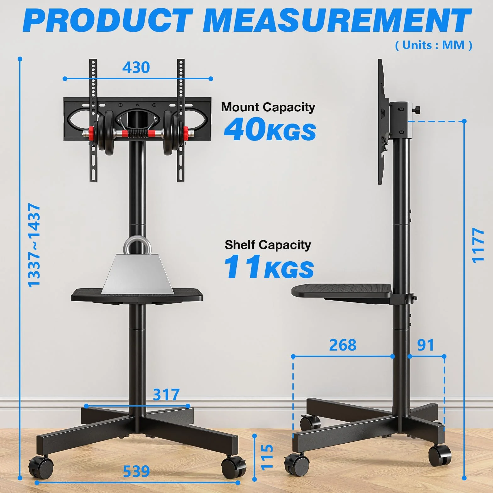 RFIVER Supporto TV da Pavimento Porta TV con Ruote Carrello per Schermi Plasma/LCD/LED 27-60 Pollici, Mobile TV con Ruote Max.40 kg, Max VESA 400 x 400 mm con Altezza Regolabile Nero