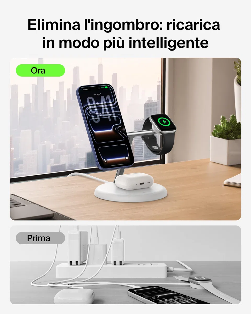 Belkin UltraCharge Caricatore Wireless Qi2.2 25W 3 in 1 - Bianco | Caricatore Wireless Magnetico MagSafe, Certificato Qi2.2 per iPhone, Apple Watch, Auricolari, Cavo USB-C e Alimentatore 45W