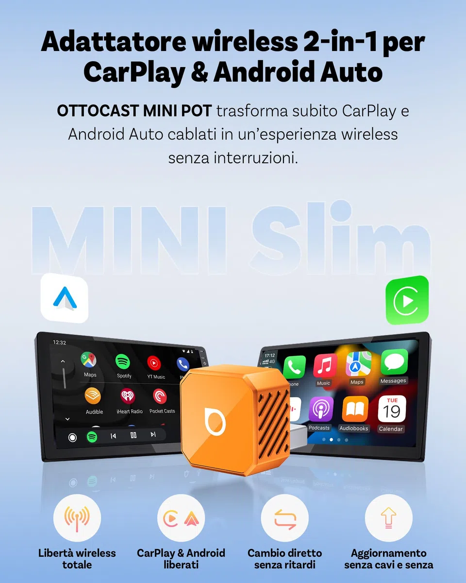 2026 Ottocast Mini Pot Orange, Adattatore CarPlay e Android Auto Wireless 2-in-1, Dongle Wireless Plug & Play, Auto-Connessione in 5s, Mini Cube per Auto con Sistema Cablato di Serie, iPhone e Android