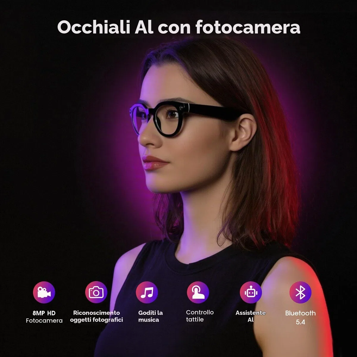 GenXenon Occhiali Connessi Con IA, Occhiali-Camera HD 8 MP – 220 mAh, Video 1200P, Scatto Di Foto E Video, Traduzione In Tempo Reale, Occhiali-Camera Per Ciclismo, Escursionismo E Viaggi.