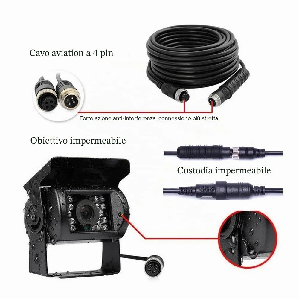 Telecamera Posteriore Camecho 4 pin 18 IR per visione notturna impermeabile Auto Fotografica+ 10 m cavo per Bus/camion/rimorchi/Caravan/camper Retromarcia Fotocamera 12V-24V