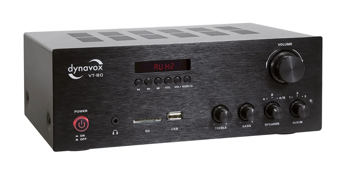Dynavox VT-80 amplificatore stereo compatto, terminali di connessione a vite per 4 altoparlanti, telecomando solo per ingressi digitali (USB, scheda SD), antenna BT integrata, nero