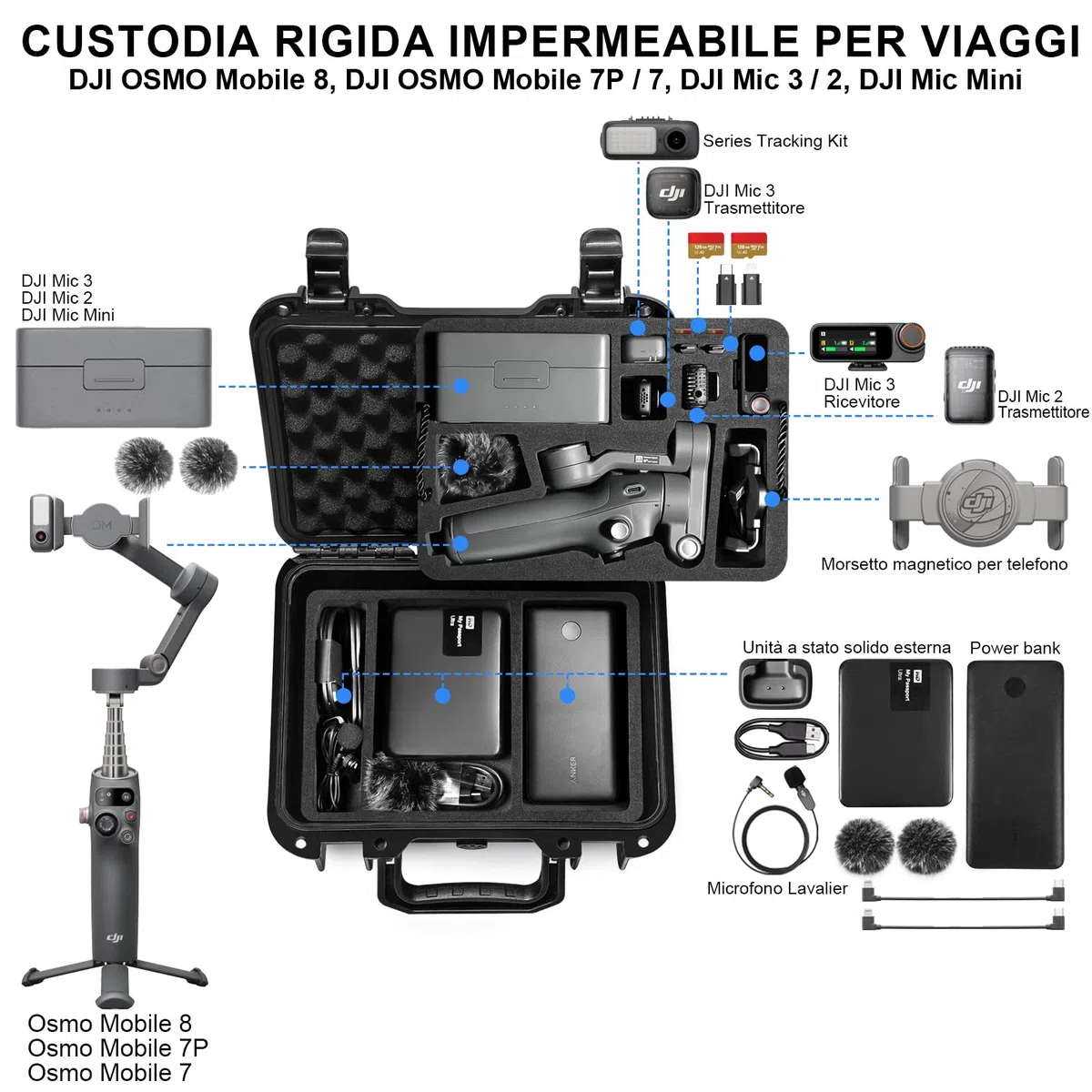 LEKUFEE Valigia Rigida Impermeabile e Portatile per DJI Osmo Mobile 8,Osmo Mobile 7P/7,Stabilizzatore Gimbal,DJI Mic 3/2/Mic Mini e Altri Accessori (Solo Custodia)