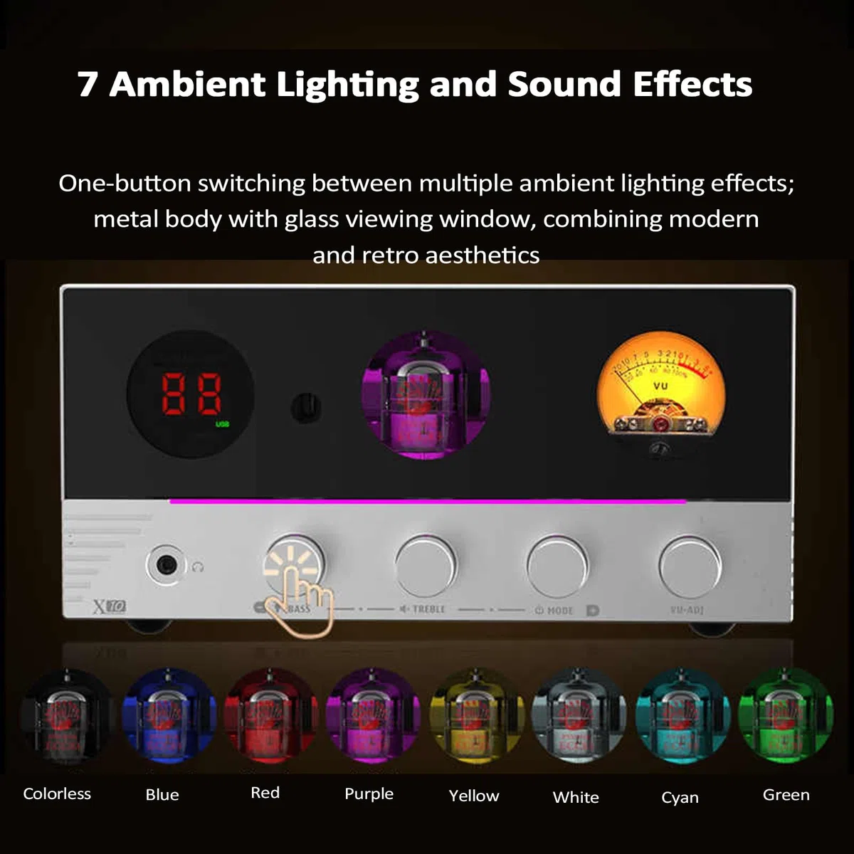 Amplificatore Audio HiFi, Amplificatore valvolare con VU Meter, Bluetooth 5.4 e Telecomando, 7 luci ambientali per Home Theater e diffusori passivi, ingressi ottici e coassiali. (Silver)