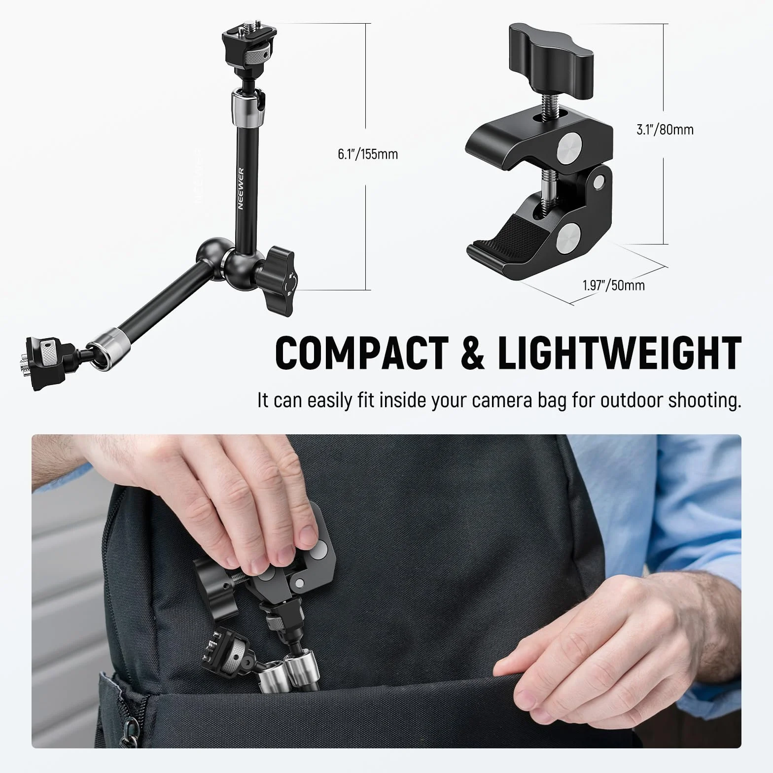 NEEWER Braccio Magico Articolato 11" e Super Clamp, Supporto per Monitor Fotocamera con Fori/Perni di Posizionamento ARRI 1/4" 3/8" per DSLR Action Cam Luce Video, Compatibile con SmallRig Cage,ST16C