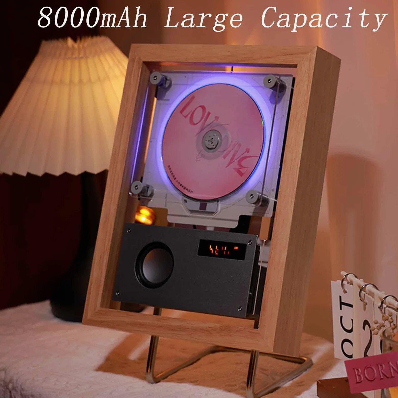 Lettore CD montabile a parete con telecomando e altoparlanti, cornice decorativa musicale con uscita 2 vie/USB/AUX e 6 effetti di illuminazione per corridoio di casa