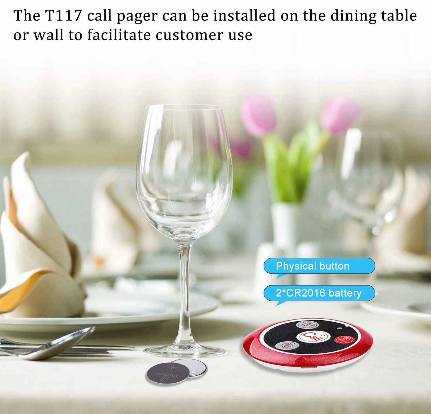 Retekess T117 Sistema Cercapersone, Pulsante di Chiamata Wireless, 4 Tasti Funzione, Impermeabile, per Schermo T114 Orologio TD106 o Orologio T128, Ristorante, Hotel, Bar (5 Pulsanti di Chiamata)
