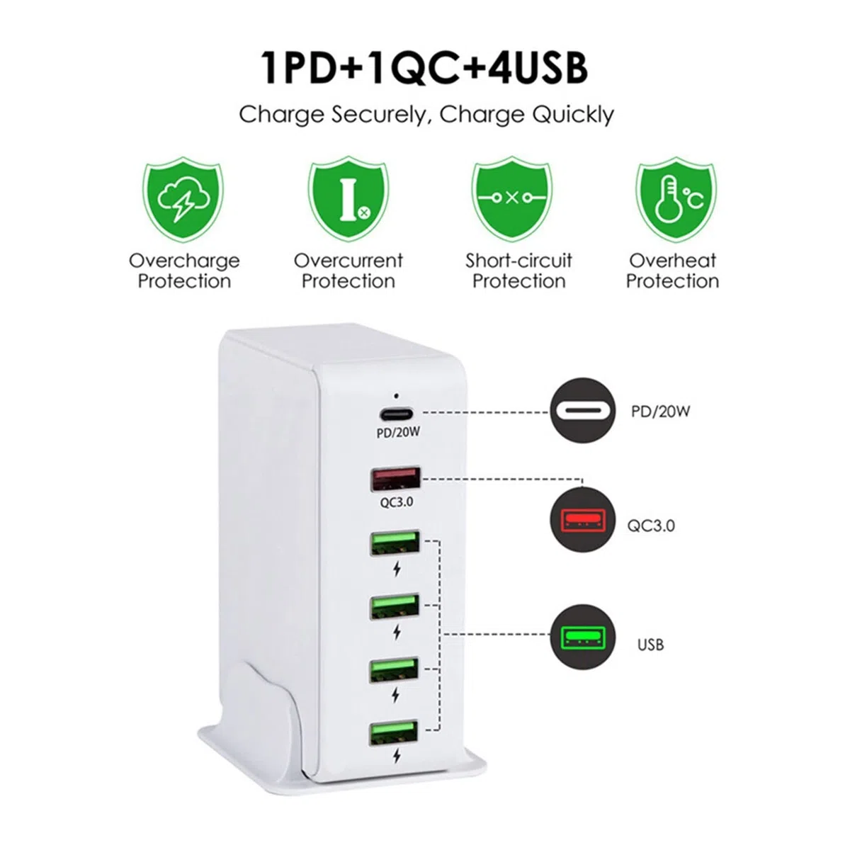 Caricatore rapido USB PD con 6 porte, stazione di ricarica Caricabatterie da parete for telefono universale compatibile cellulare, tablet e altro Design portatile(White)