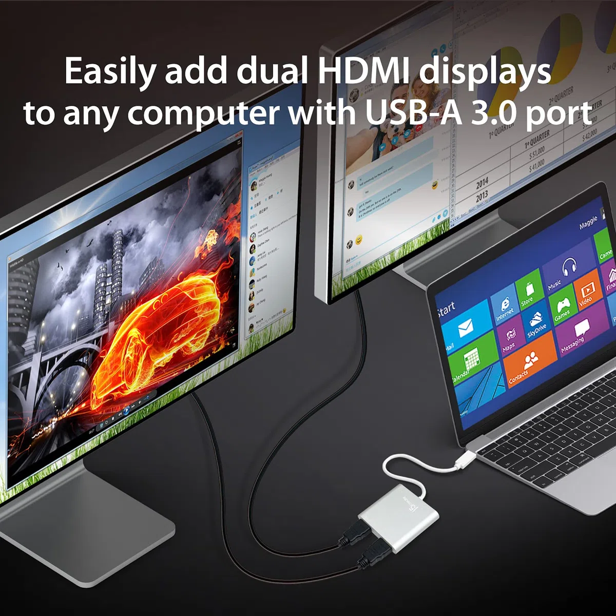 j5create Adattatore da USB Tipo A a doppio HDMI - Convertitore multi display HDMI doppio | 4K Ultra HD + 1080p Full HD | Compatibile con Windows, Mac, MacBook (JUA365)