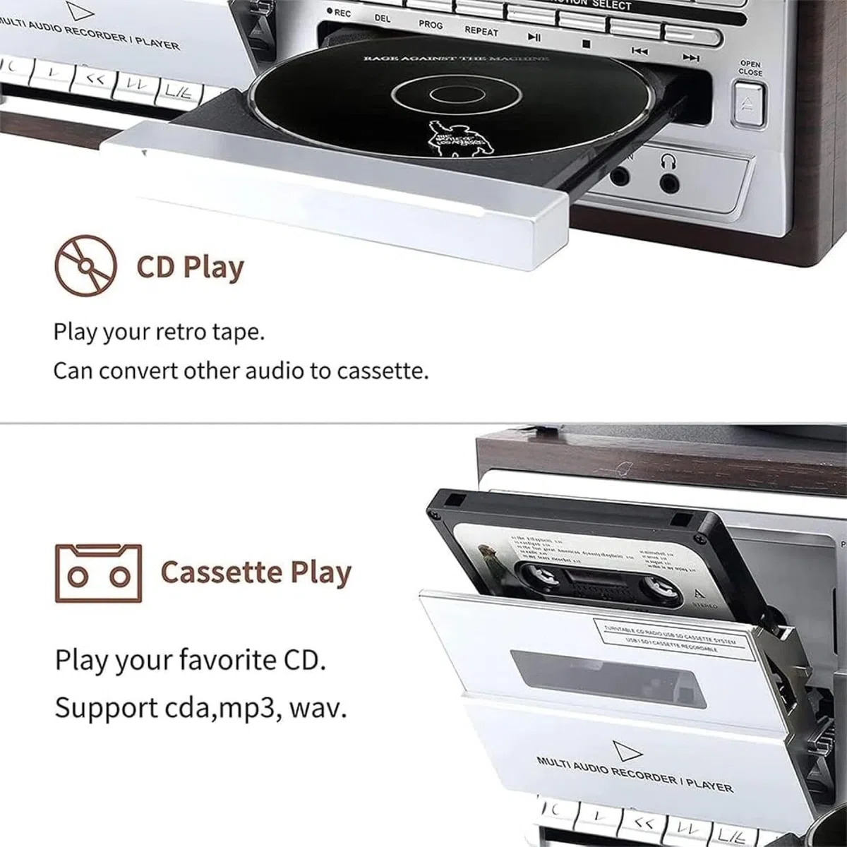 Giradischi multifunzione con Bluetooth, telecomando, CD, cassette e altoparlanti per dischi in vinile in ufficio o soggiorno