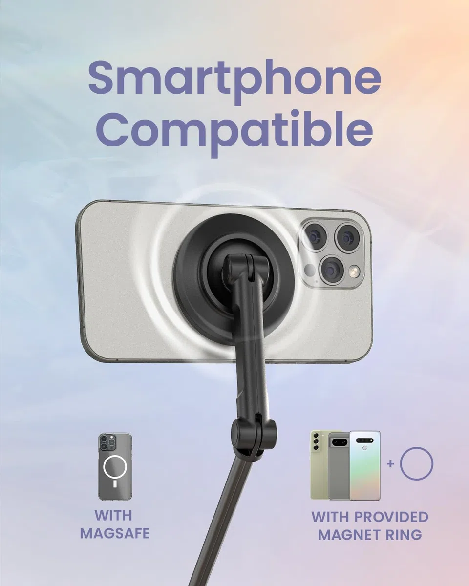 KraftGeek Treppiede magnetico per iPhone MagSafe - 66 '' Selfie Stick automatico con telecomando, treppiede portatile per registrazione video, viaggi, vlogging (nero)