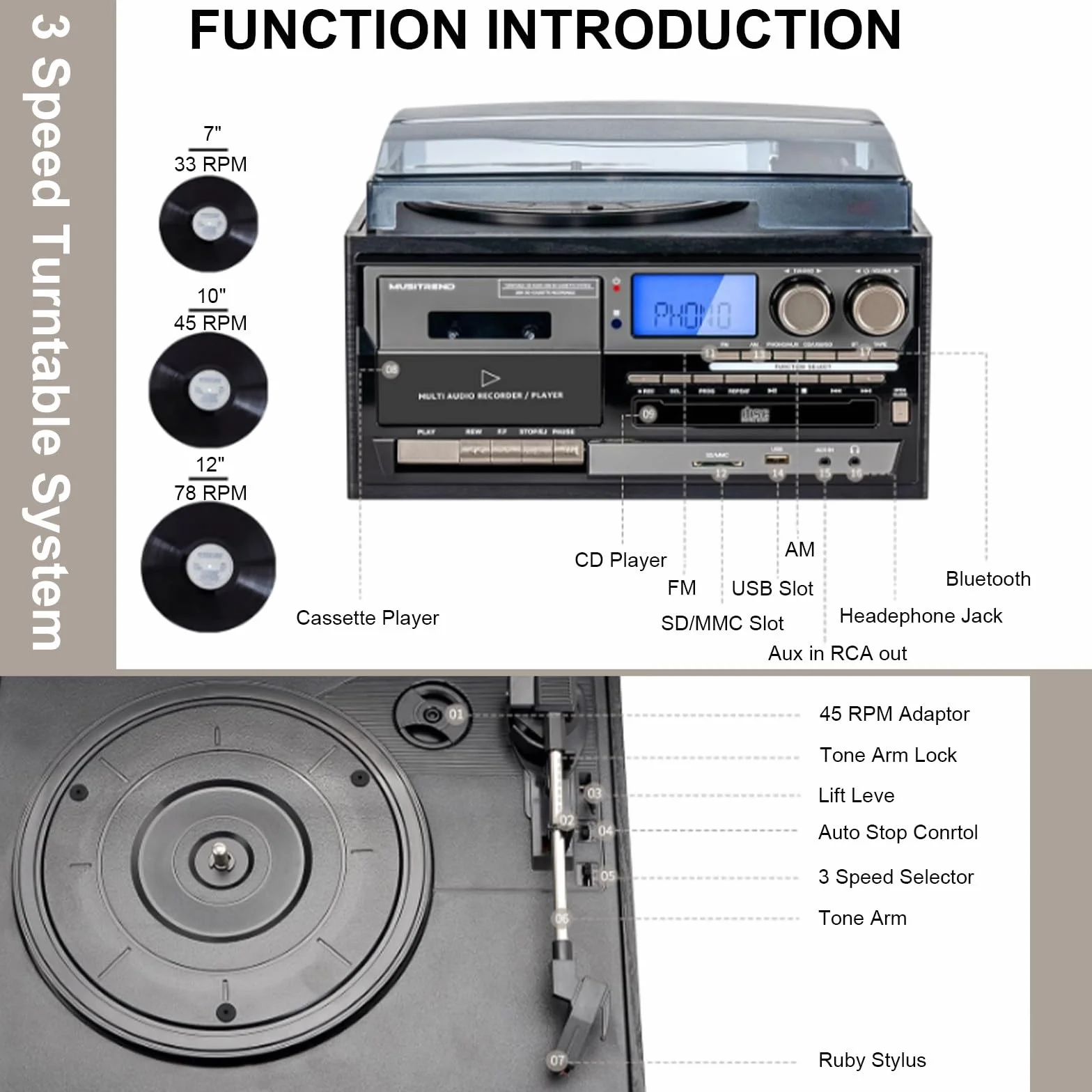 Giradischi vintage giradischi con riproduzione di CD e cassette per gli amanti della musica, stile classico, perfetto per gli appassionati di casa e audio