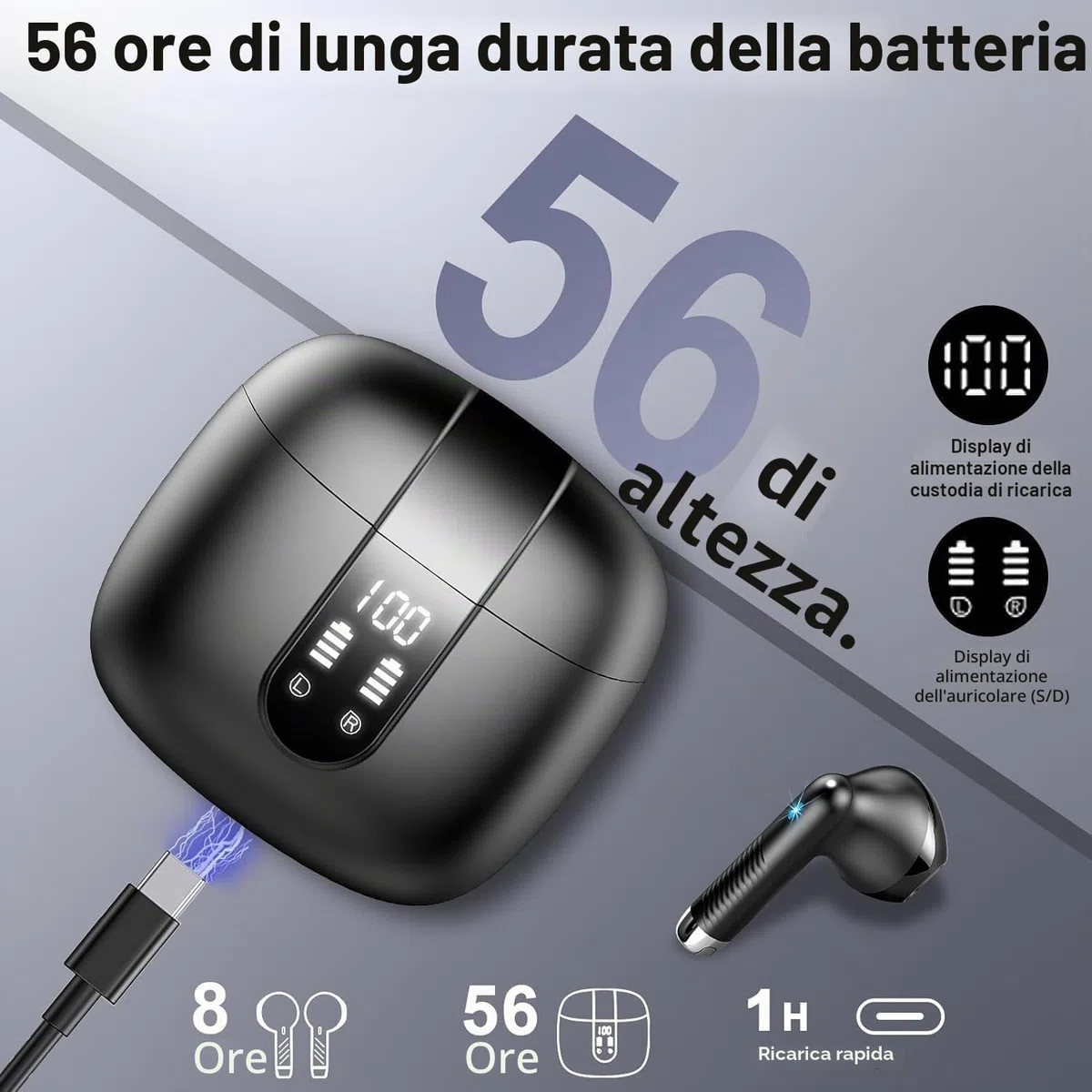 Cuffie Bluetooth 5.4, 2026 Auricolari Bluetooth 56Ore 6D Stereo Cuffie Wireless In Ear con 4 ENC Mic, Cuffie Senza Fili Cancellazione Rumore Cuffiette Sport IP7 Impermeabili Headphones per iOS/Android