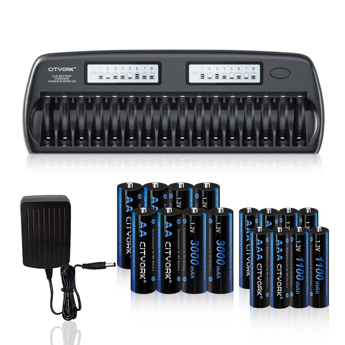 CITYORK Caricabatterie LCD AA AAA a 16 slot con 8 batterie AA da 3000 mAh + 8 batterie ricaricabili NI-MH da 1100 mAh, slot indipendente, funzione di ricarica rapida