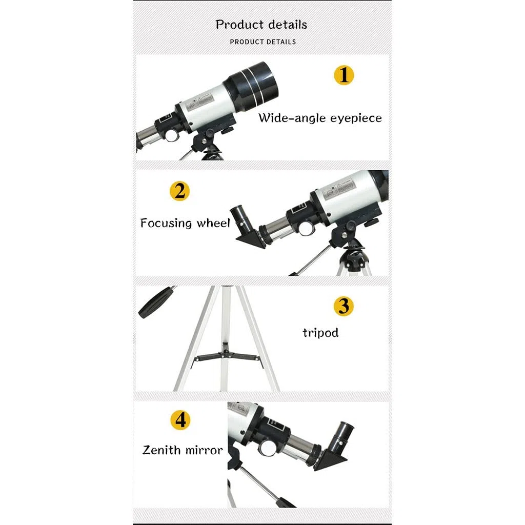 Telescopi per Bambini Principianti, telescopio astronomico 300/70 mm, telescopio Portatile con treppiede Regolabile, per Bambini Adulti e Adolescenti