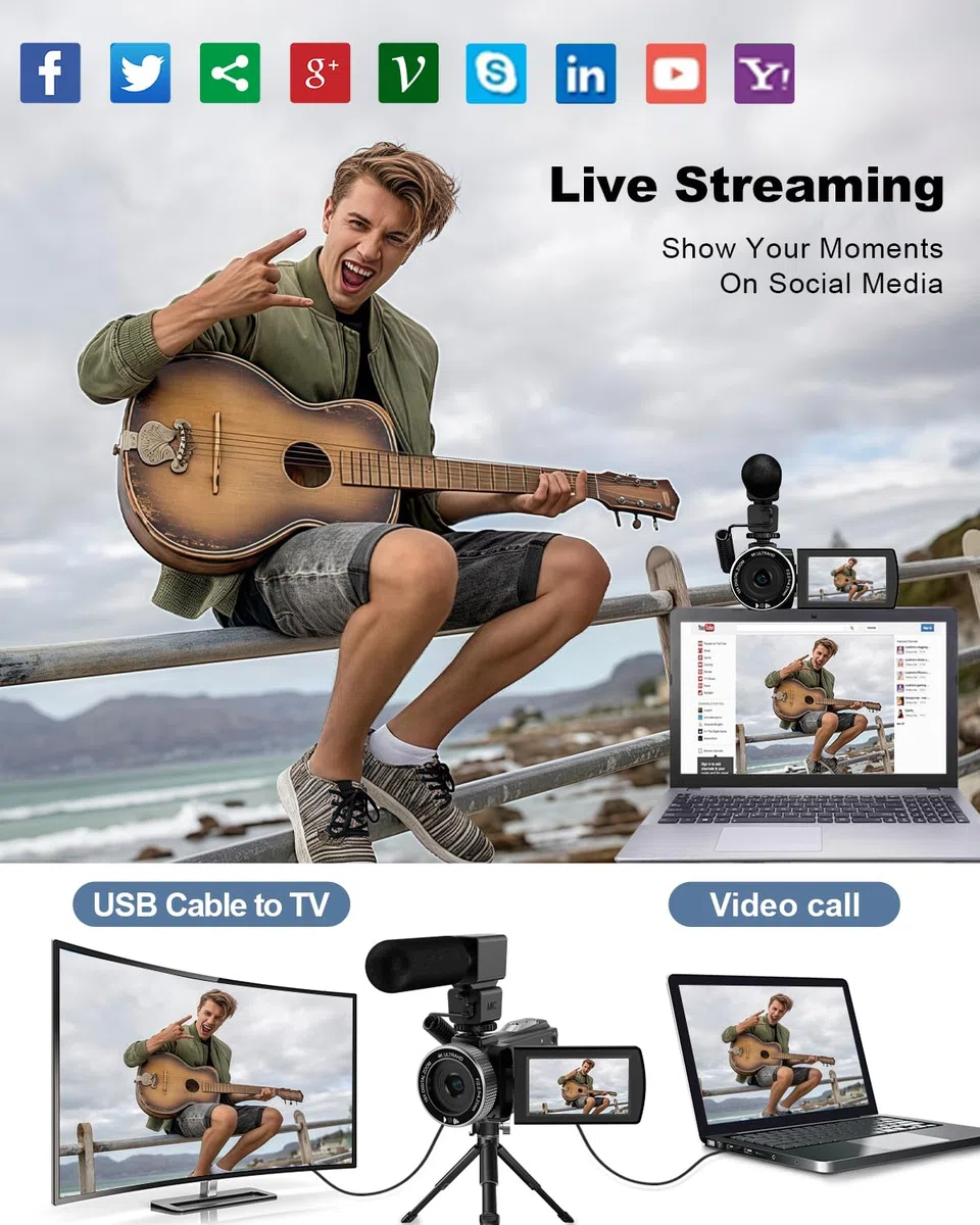 Videocamera con microfono HD 4K Videoregistratore Videocamera Vlogging per YouTube Videocamera per riprese con schermo touch da 3 pollici, zoom digitale 18X e scheda SD 32G