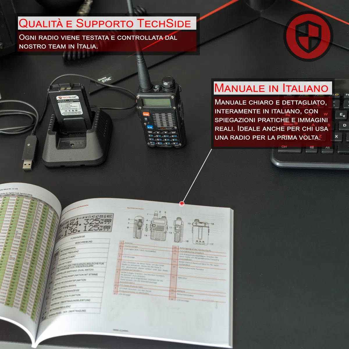 TechSide Walkie Talkie 8W | TS-T9+ Radio Ricetrasmittente Dual Band VHF UHF Tri-Power | Firmware Italiano | Batteria 1800mAh con Ricarica USB-C | 128 Canali, PMR446 VOX | Qualità e Assistenza Italiana