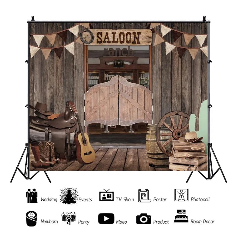 Western Saloon Fondale 3 x 2,4 m Western Wood Barn Door Sfondo per fotografia Western Wild West Cowboy Rodeo Decorazioni per feste a tema Studio Photo Booth Puntelli