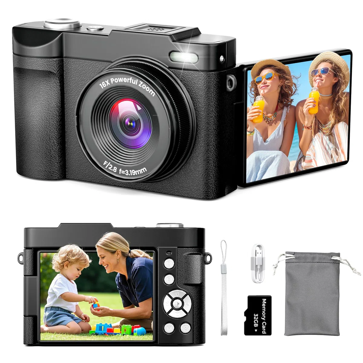 Fotocamera digitale 4K per la fotografia con messa a fuoco automatica, fotocamera da 50 MP con autofocus Vlogging da 2,8 pollici, 180 °, zoom 16x, fotocamere compatte con 64 GB, scheda SD e 2 batterie
