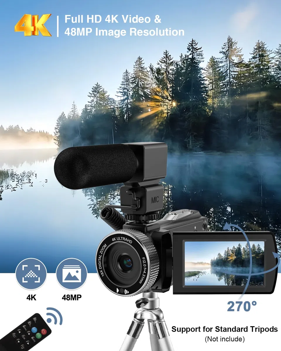 Videocamera con microfono HD 4K Videoregistratore Videocamera Vlogging per YouTube Videocamera per riprese con schermo touch da 3 pollici, zoom digitale 18X e scheda SD 32G
