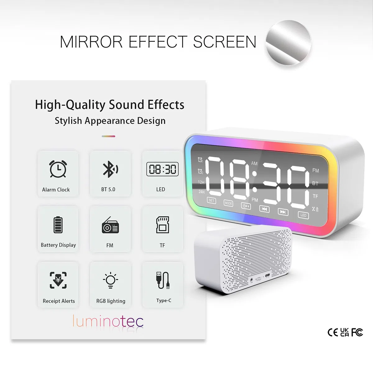 Sveglia digitale da comodino, cassa bluetooth potente, LED, radiosveglia FM, doppio allarme, per bambini adolescenti e adulti (Bianco)