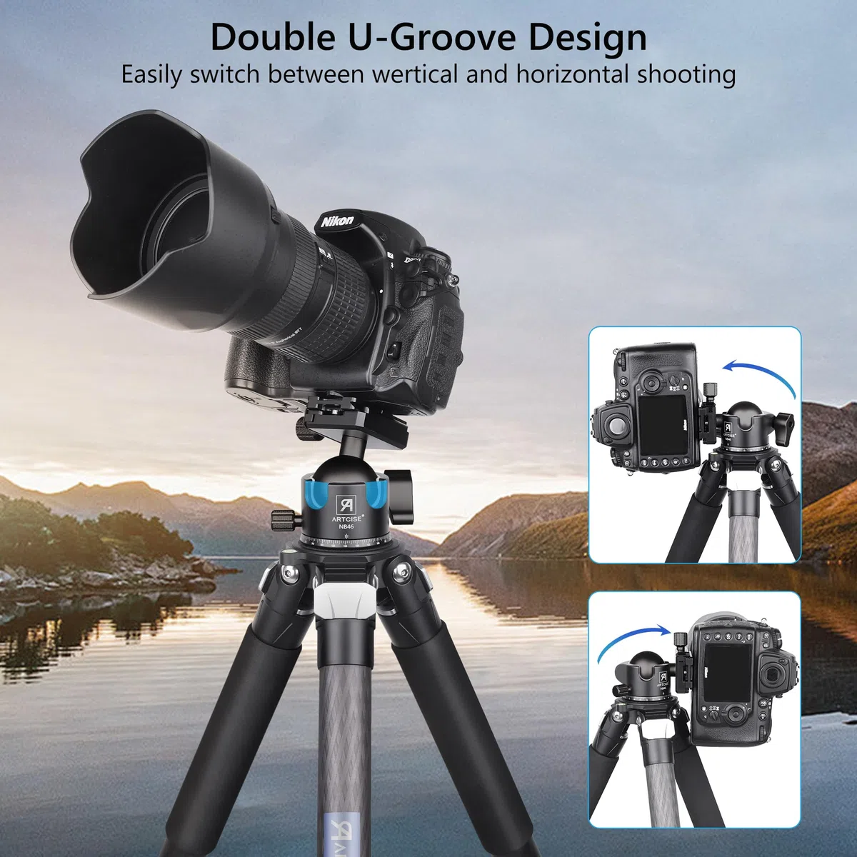 ARTCISE NB46 - Testa a sfera a basso profilo, 46 mm, resistente, con lavorazione CNC, con tre piastre a sgancio rapido da 1/4", per treppiedi, monopiede, DSLR, videocamera, carico massimo 25 kg
