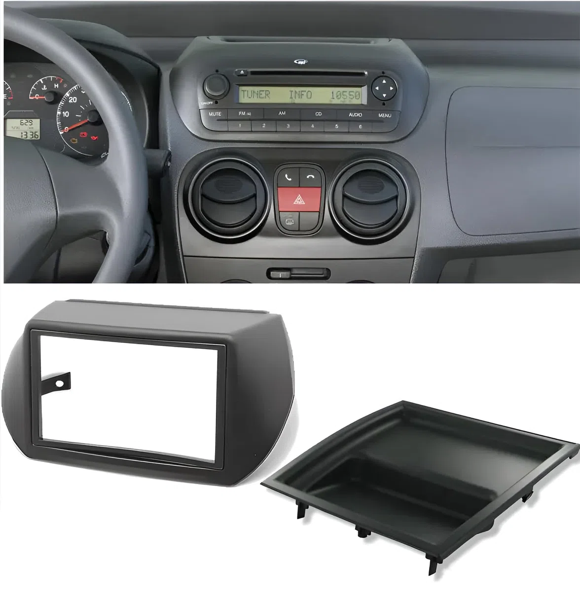 Kit montaggio autoradio 1DIN/2 DIN per Peugeot Bipper – Fiat Fiorino/Qubo – Citroen Nemo.