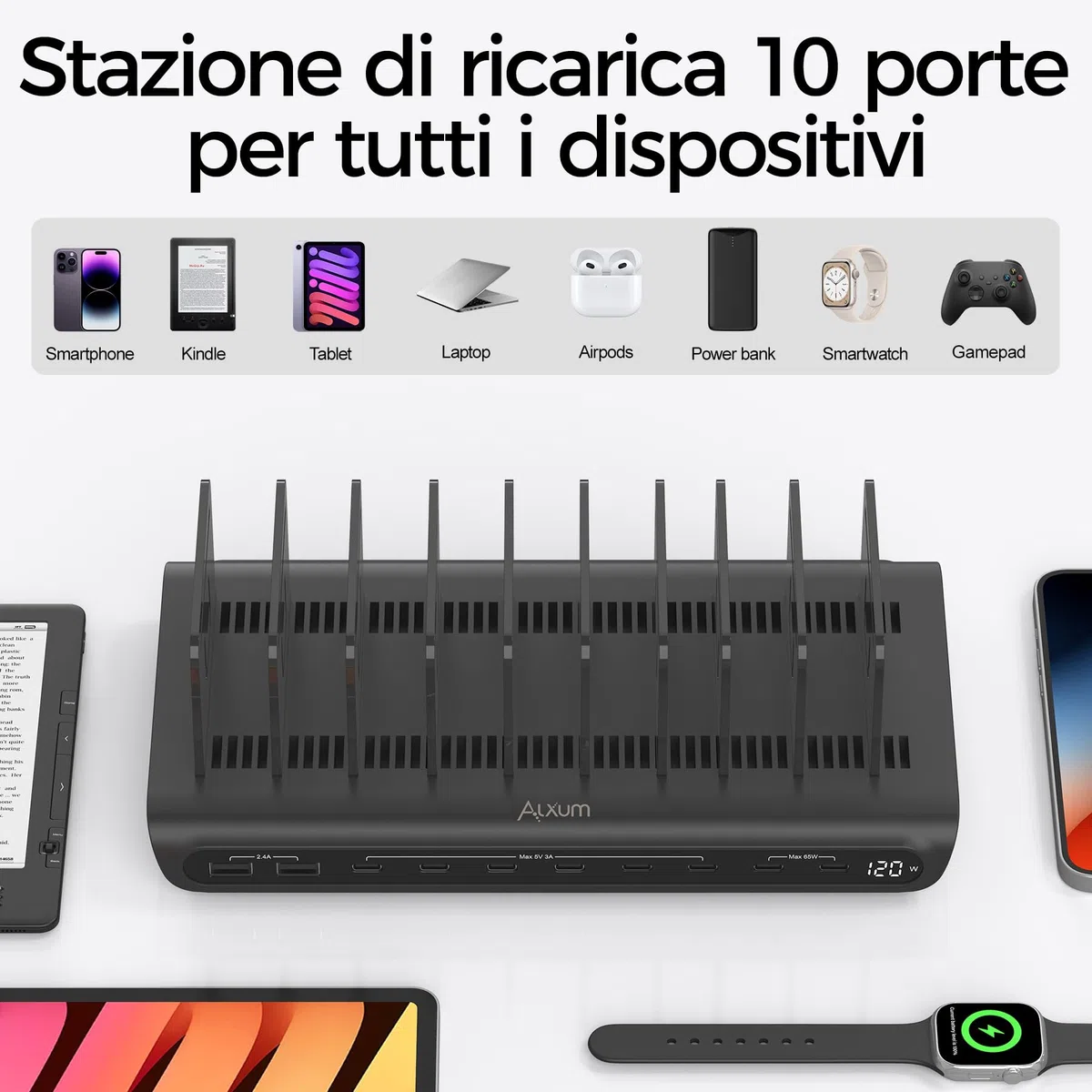 Alxum Stazione di Ricarica USB 10 Porte 120W, Caricatore Multiplo con Display LED, 8 Porte USB-C e 2 USB-A, Porta PD 65W e QC 3.0 Ricarica Rapida per iPhone, iPad, Tablet, Laptop, Ufficio, Scuola