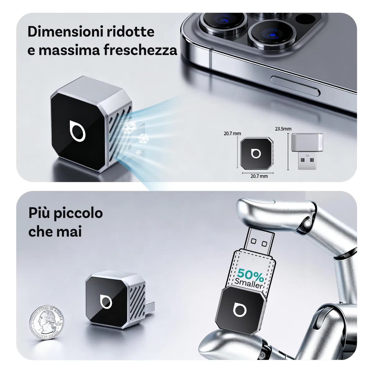 OTTOCAST Mini Pot 2025, Adattatore Wireless 2 in 1 per CarPlay e Android Auto, Compatibile con iOS 10+/Android 11+ e Auto dal 2016 in Poi, Plug & Play, USB-A/Type-C, Aggiornamento OTA, Argento