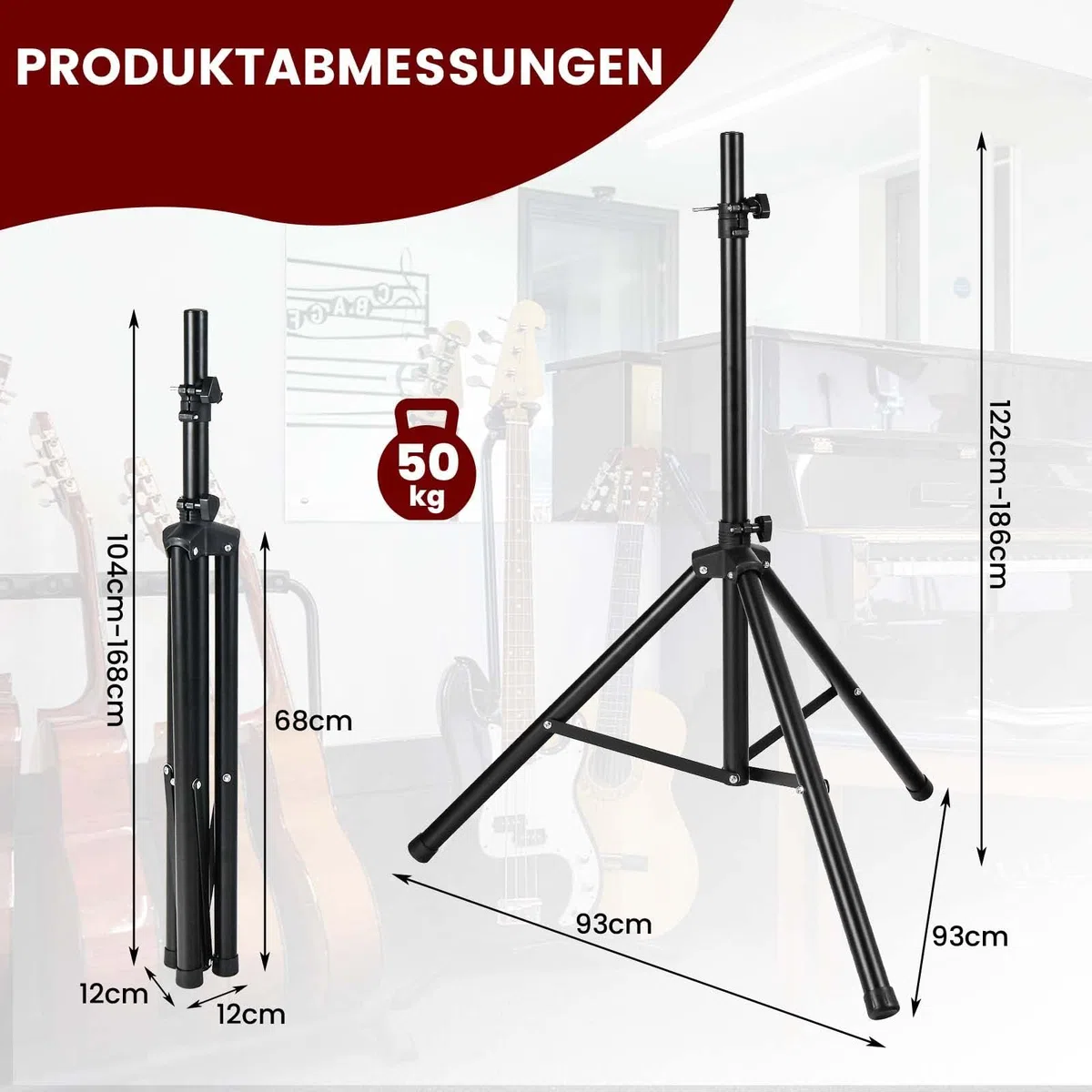 FANTASK Treppiede per boxe, supporto per altoparlanti, regolabile in altezza da 122 a 186 cm, portata fino a 50 kg, per sala musica, sale conferenze, studio, 186 L x 35 B x 186 cm, nero