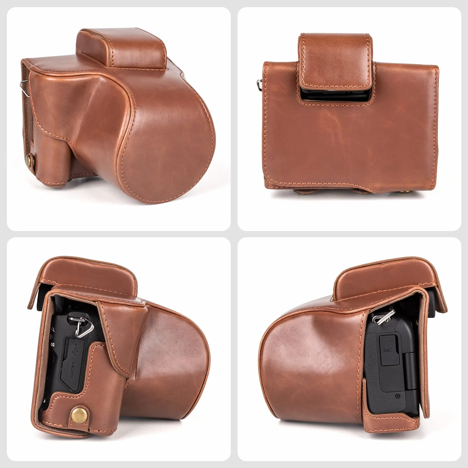 MUZIRI KINOKOO Custodia Protettivo per Canon EOS R50/R100 Fotocamera, Custodia in Pelle PU retrò per EOS R50 EOS R100 DSLR, Apertura inferiore Custodia con Tracolla e Tasca Portaoggetti - Caffè