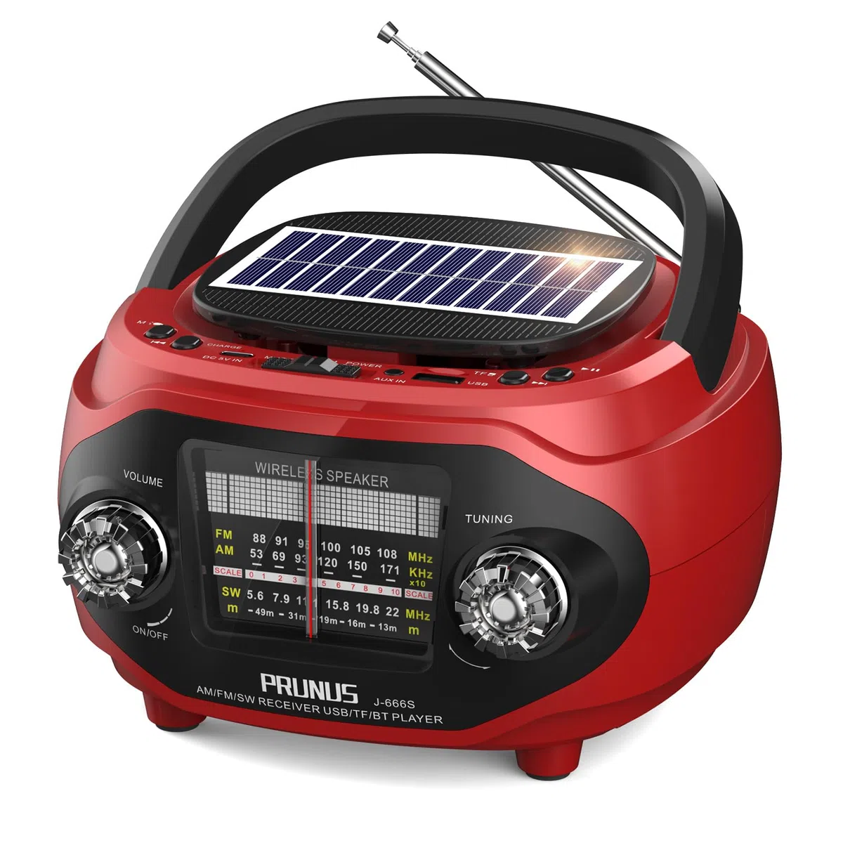 PRUNUS J-666S Radio Portatile Solare AM FM SW e Altoparlante Vintage Bluetooth 6.0 15W, Stereo e Bassi Ricchi, Ricaricabile via USB C, Supporta TF/USB/AUX, Ideale per Casa e Regalo (Rosso)