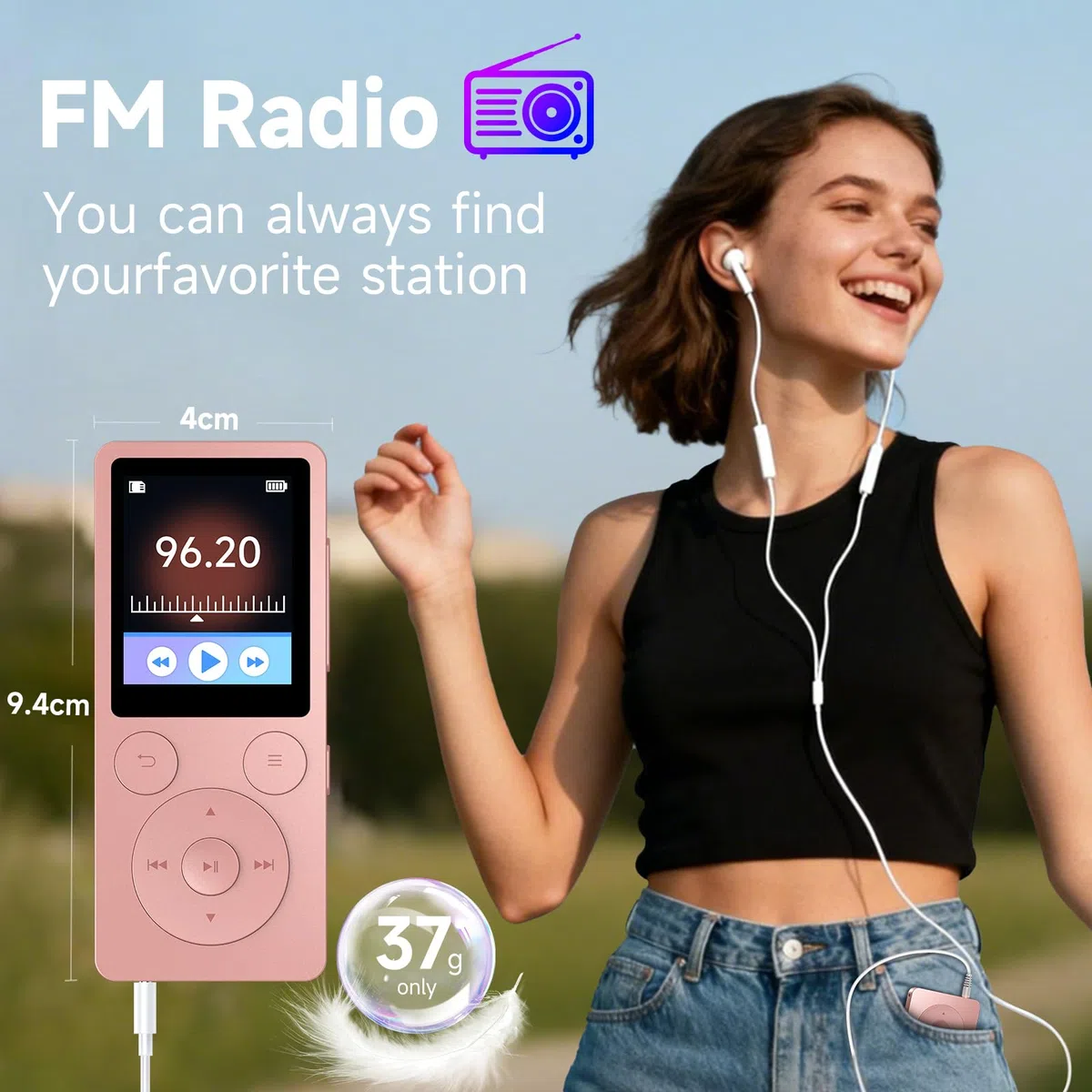 32GB Lettore MP3 Bluetooth 5.3 & Altoparlante – Aggiornamento con Tasti Fisici (Indietro, Menu, Volume), Solo 37g con Cuffie, Radio FM, Registratore Vocale, Design Mini, Espandibile fino a 128GB