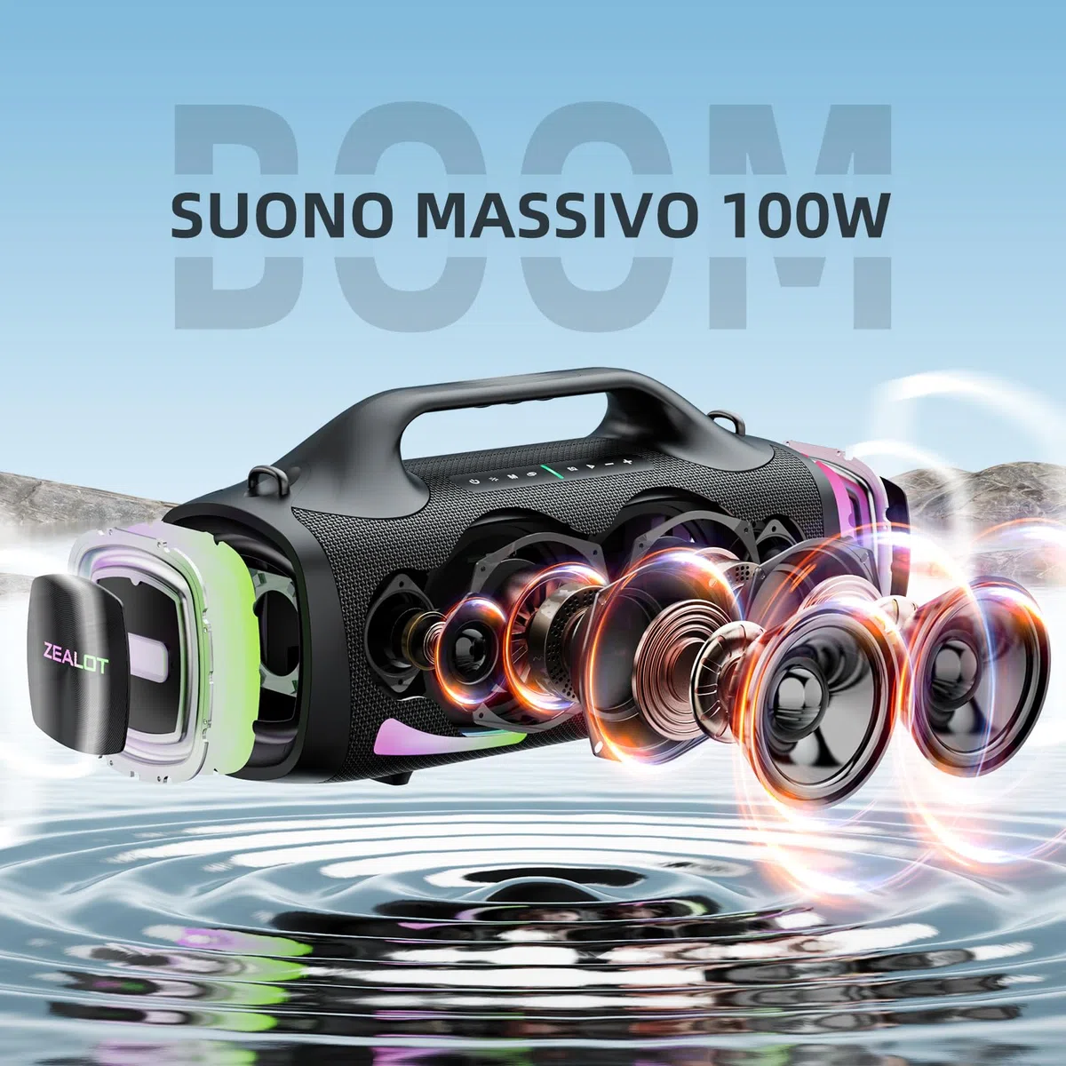 ZEALOT Cassa Bluetooth,100W Altoparlante Wireless,Bluetooth 5.3,Luce LED,USB-C,Impermeabile IPX6,supporto Micro SD,USB,AUX,per il campeggio,la spiaggia e le feste