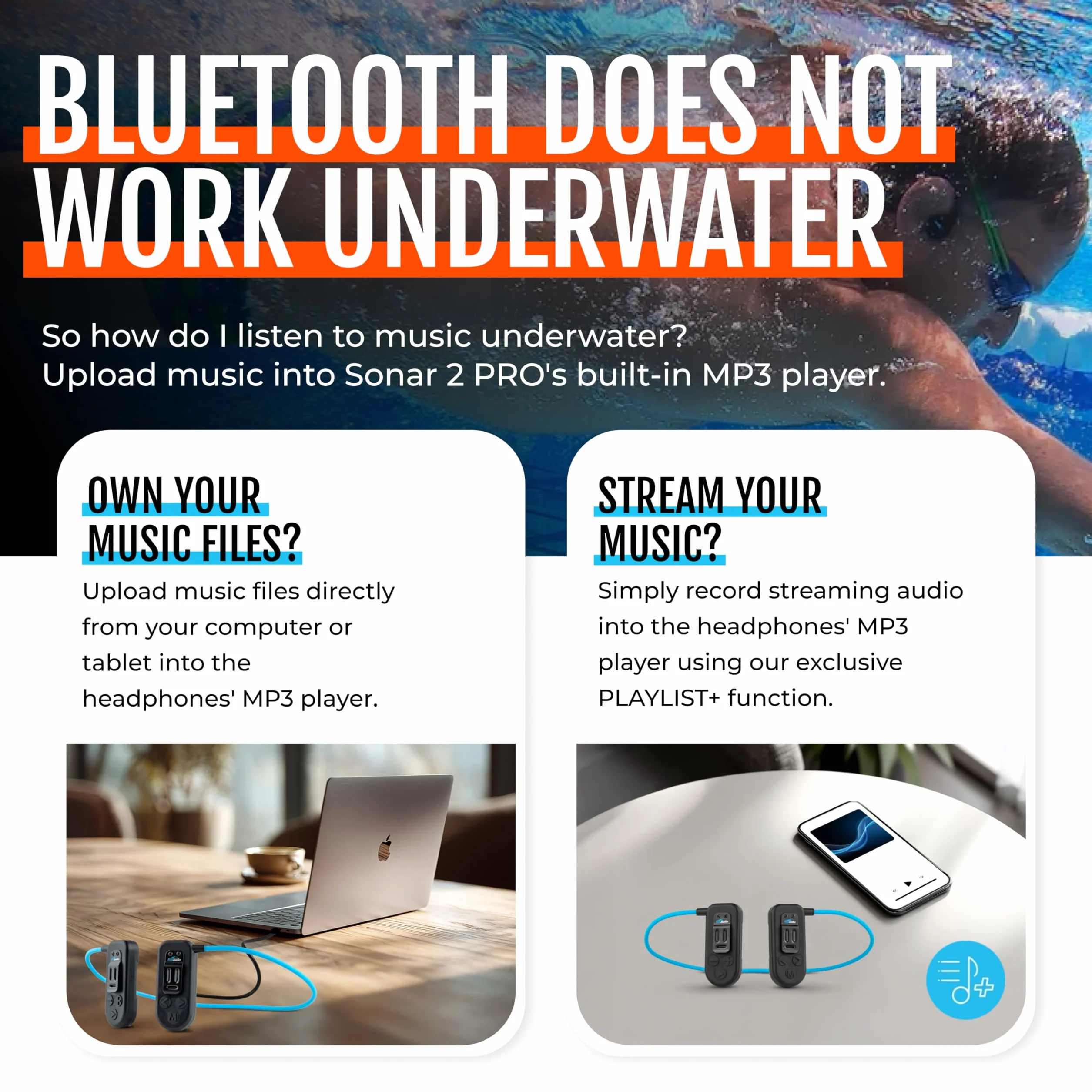 H2O Audio Sonar 2 PRO - Cuffie impermeabili a conduzione ossea per nuoto, auricolari aperti subacquei IPX8, lettore MP3 con playlist+app per streaming Bluetooth, durata della batteria 10 ore