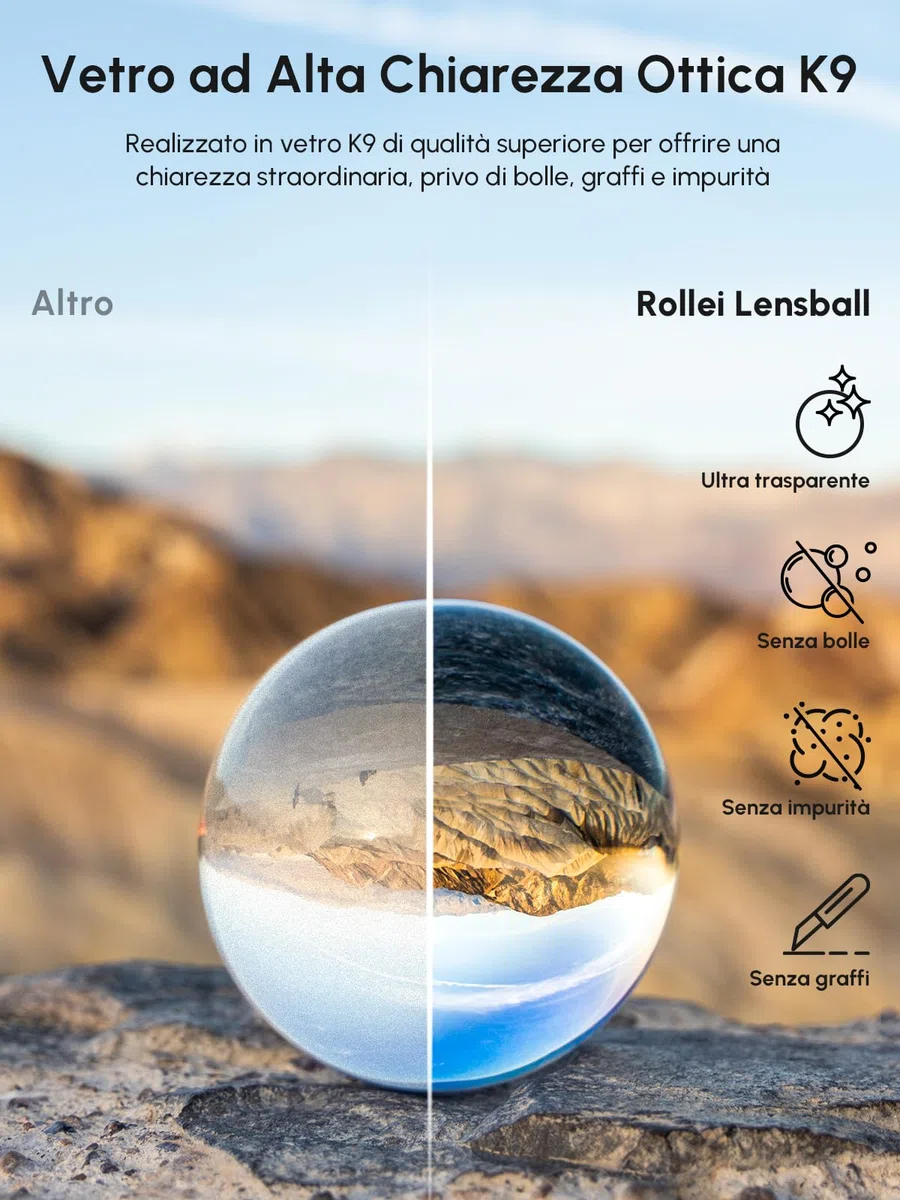 Rollei 22694 Lensball 110 mm i Sfera di Vetro i Sfera di Cristallo i Sfera della Foto con la Borsa di Stoccaggio & Panno di Pulizia in Microfibra per la Pulizia della Sfera di Vetro, Trasparente