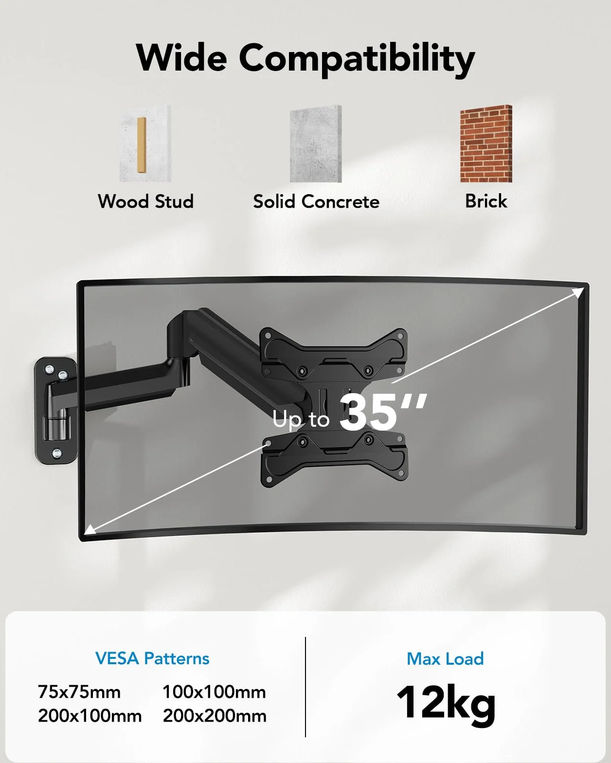 HUANUO Supporto da Parete per Schermi Ultra-Large da 24"-35", Supporto per Schermo PC da Parete a Movimento Completo, Supporto da Parete per Monitor, VESA 75/100/200mm, Capacità di Carico
