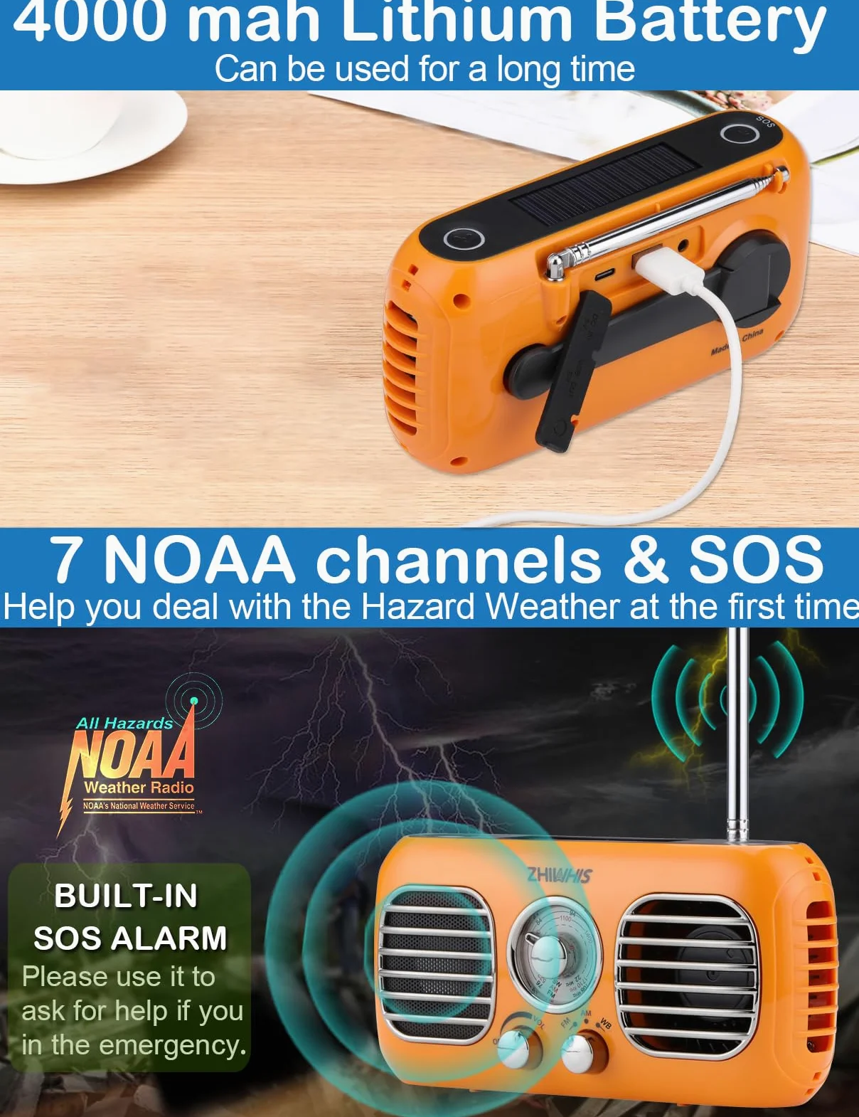 ZHIWHIS ZWS-380 - Radio di emergenza con ventilatore portatile, radio meteorologiche AM/FM/WB con sirena SOS, manovella, pannello solare, 4000 mAh, power bank, manopola rotante, ricevitore retrò