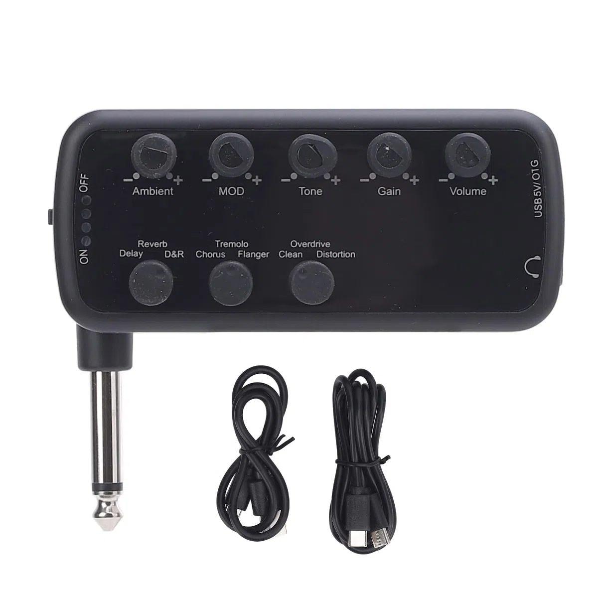 Chrees Amplificatore per Cuffie per Chitarra Elettrica, 5 Manopole con Effetti Sonori regolabili: Delay, Riverbero, Chorus, Tremolo, Flanger, per Registrazione OTG, Ingresso AUX,