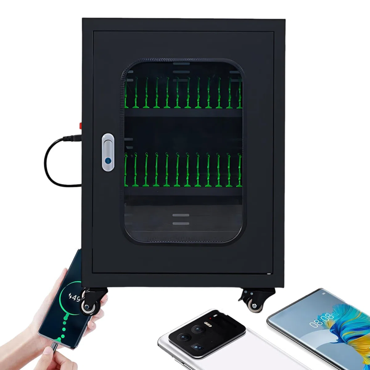 Mobiletto di ricarica mobile con 30 slot di archiviazione sicura per telefoni cellulari stazione di ricarica per dispositivi fino a 10,5 pollici, ideale per scuole e aziende, nero