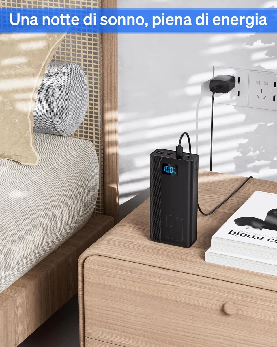 50000mAh Power Bank con cavo integrato: batteria esterna da 22,5 W a ricarica rapida con grande capacità, caricatore portatile con torcia a LED e 7 uscite e 3 ingressi-50000mAh Power Bank