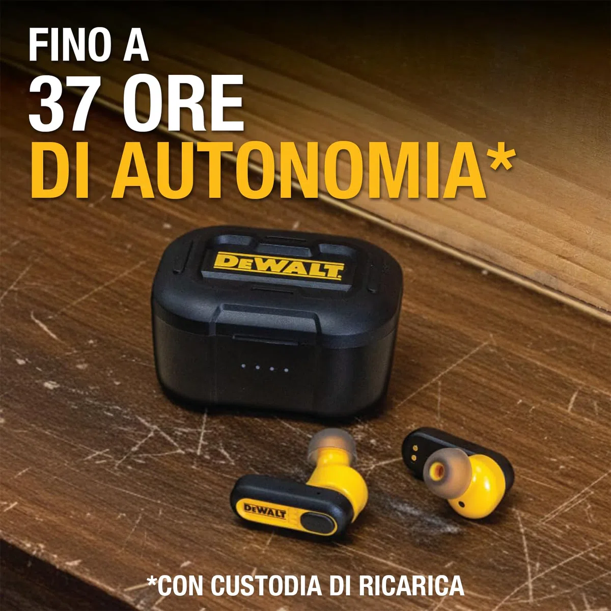 DEWALT Auricolari Bluetooth True Wireless Cuffie In-Ear con Custodia di Ricarica USB-C, Autonomia fino a 37 Ore, Resistenti a Polvere e Acqua IP56 Ideali per Lavori, Cantiere e Uso Outdoor Nero