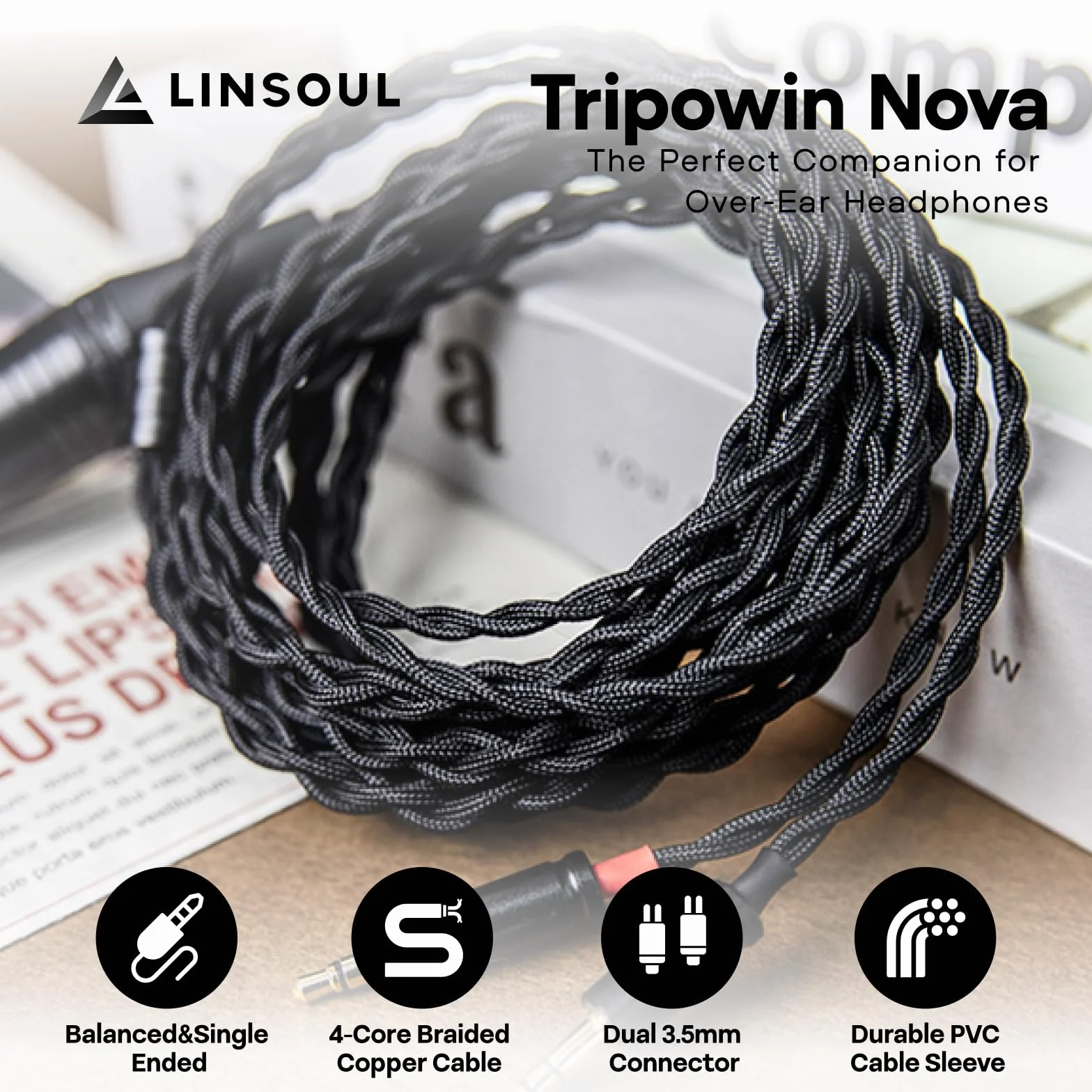 Linsoul Tripowin Nova Cavo per Cuffie IEM, per Cuffia Over-Ear, Cavi Ibrido Argento/OCC a 4 fili, 2M, Doppia Spina da 3.5mm a 3.5/4.4mm/XLR, per Musicisti e Audiofili (4.4mm, Nero)