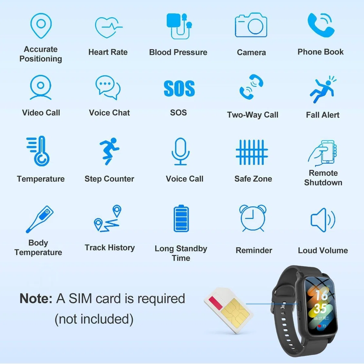 Smartwatch per Anziani con Demenza, Allarme di Caduta, Localizzatore GPS, Chiamata di Emergenza SOS, Videochiamata HD, Impermeabile Ip67. Black