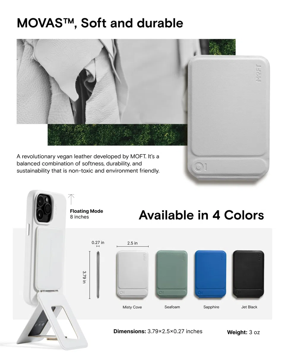 MOFT Treppiede Smartphone per iPhone Serie 16/15/14/13, Universale Invisibile Treppiede Supporto per Telefono con 3 Modalità per Self-Vlogging, Sfogliare, Macrofotografia, Videochiamata, Verde Lago