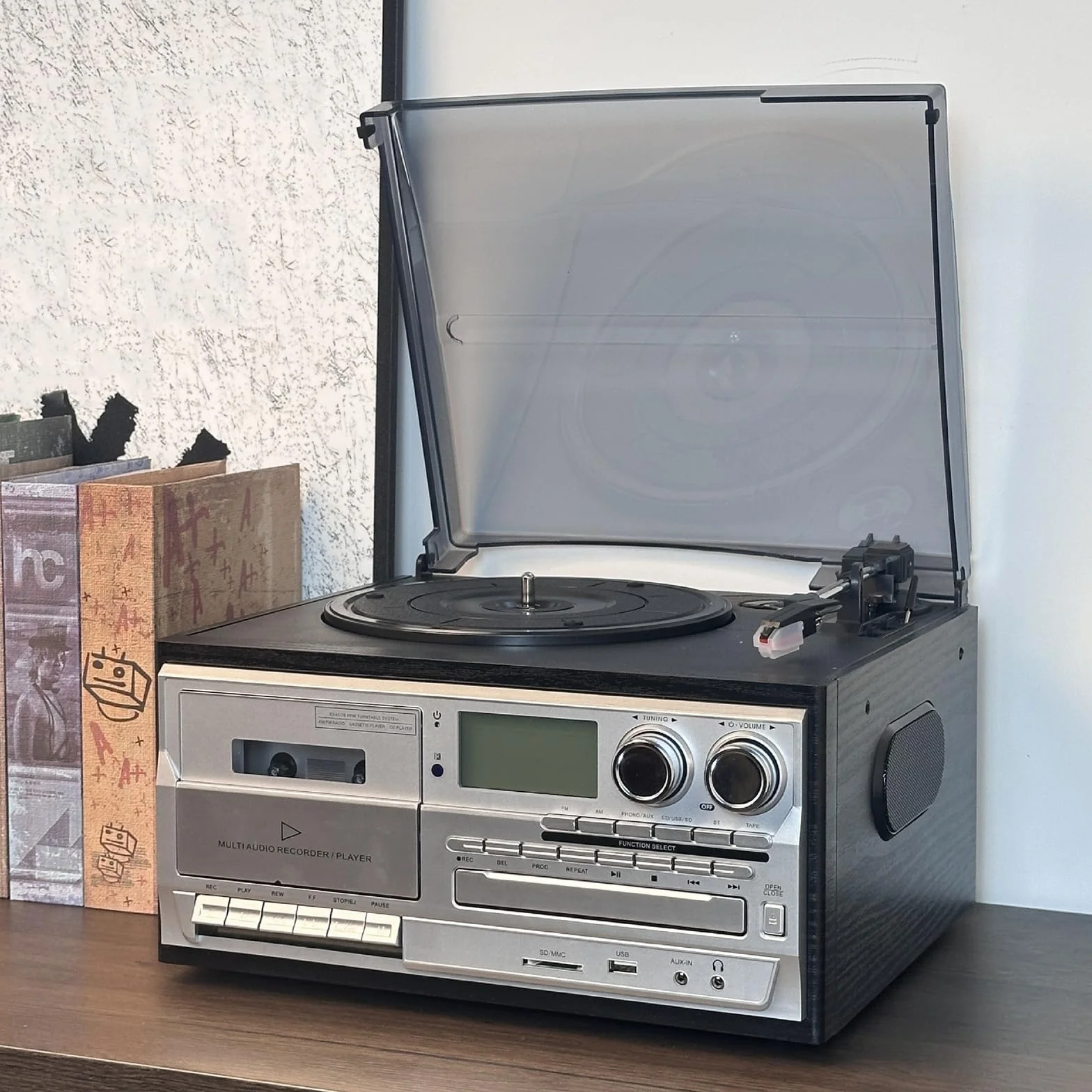 Giradischi Bluetooth 10 in 1 in vinile giradischi, lettore di cassette CD, 33/45/78 giri/min, altoparlanti integrati, pannello di controllo per l'intrattenimento domestico