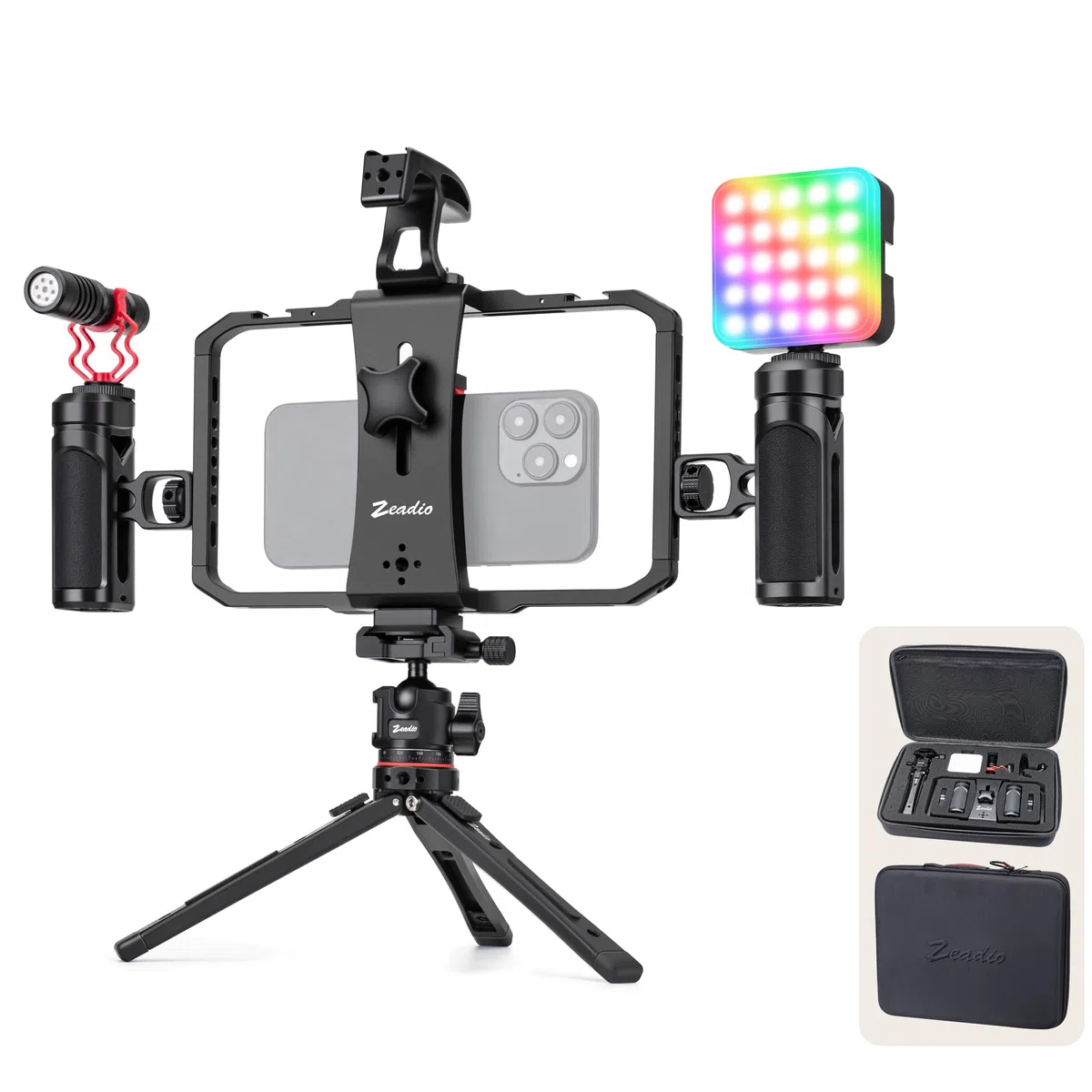 Zeadio - Kit tutto in uno per video telefonici, versatile gabbia per attrezzatura con luce RGB, microfono, treppiede con testa a sfera Arca, perfetto per registrazione/YouTube/trasmissioni in diretta