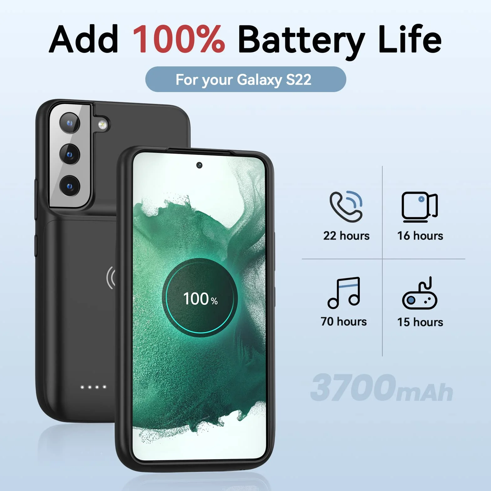 NEWDERY Custodia Batteria Per Samsung Galaxy S22, Supporta 18W QC E Qi Wireless Charging, 4700 mAh Sottile Batteria Ricaricabile Estesa Custodia Per Samsung Galaxy S22 (6,1 Pollici)