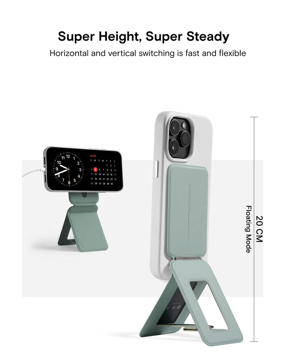 MOFT Treppiede Smartphone per iPhone Serie 16/15/14/13, Universale Invisibile Treppiede Supporto per Telefono con 3 Modalità per Self-Vlogging, Sfogliare, Macrofotografia, Videochiamata, Verde Lago